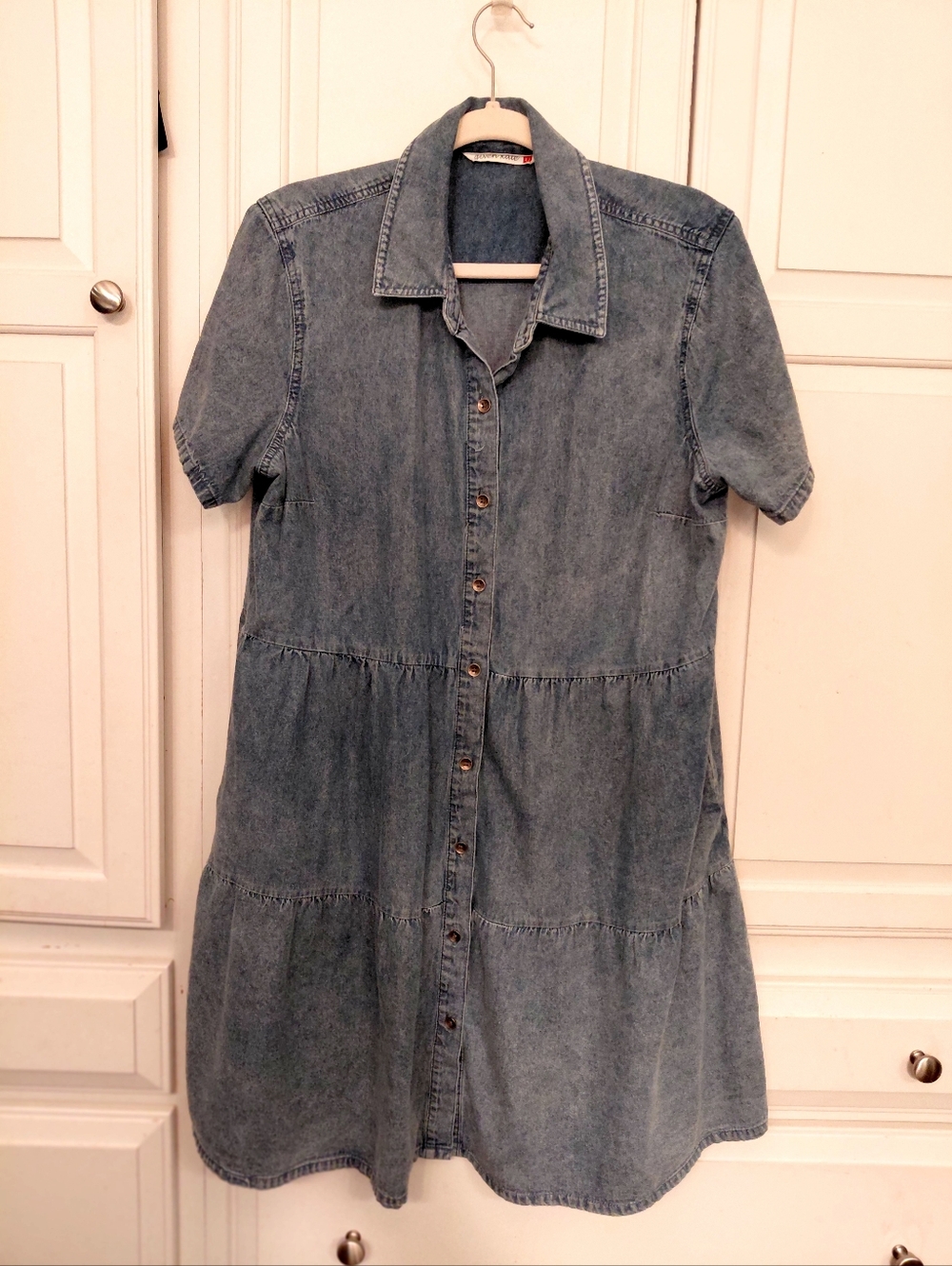 Denim Tiered Short-Sleeve Dress - Light Blue - Picture 9 of 10